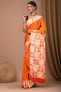 Orange & Off-White Floral Buti Bagru Hand Block Printed Modal Satin Silk Saree With Blouse Piece