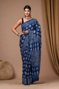Indigo Blue & White Floral Motifs Bagru Hand Block Printed Modal Satin Silk Saree With Blouse Piece