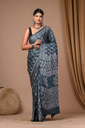 Slate Grey & White Floral Booti Bagru Hand Block Printed Modal Satin Silk Saree With Blouse Piece