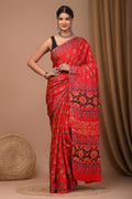 Red & Black Floral Buti Bagru Hand Block Printed Modal Satin Silk Saree With Blouse Piece