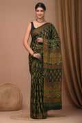 Olive Green & Rust Red Geometric Buti Bagru Hand Block Print Modal Satin Silk Saree With Blouse Piece