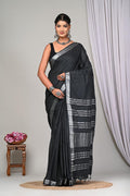 Black & Silver Plain Border Bagru Linen Cotton Saree With Blouse Piece
