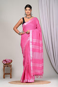 Pink & Silver Plain Border Bagru Hand Block Printed Linen Cotton Saree With Blouse Piece