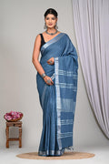Blue & Silver Plain Design Bagru Hand Block Linen Cotton Saree With Blouse Piece