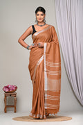 Rust Brown & Silver Striped Plain Bagru Hand Block Printed Linen Cotton Saree With Blouse Piece
