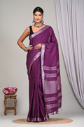 Purple & Silver Plain Weave Bagru Hand Block Printed Linen Cotton Saree With Blouse Piece