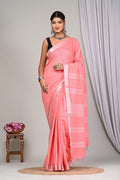 Peach & Silver Plain Bagru Hand Block Printed Linen Cotton Saree With Blouse Piece