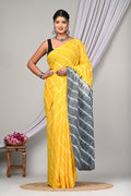 Yellow & Grey Tie-Dye Shibori Bagru Hand Block Printed Mul Cotton Saree With Blouse Piece