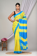 Blue & Yellow Tie-dye Shibori Bagru Hand Block Print Mul Cotton Saree With Blouse Piece