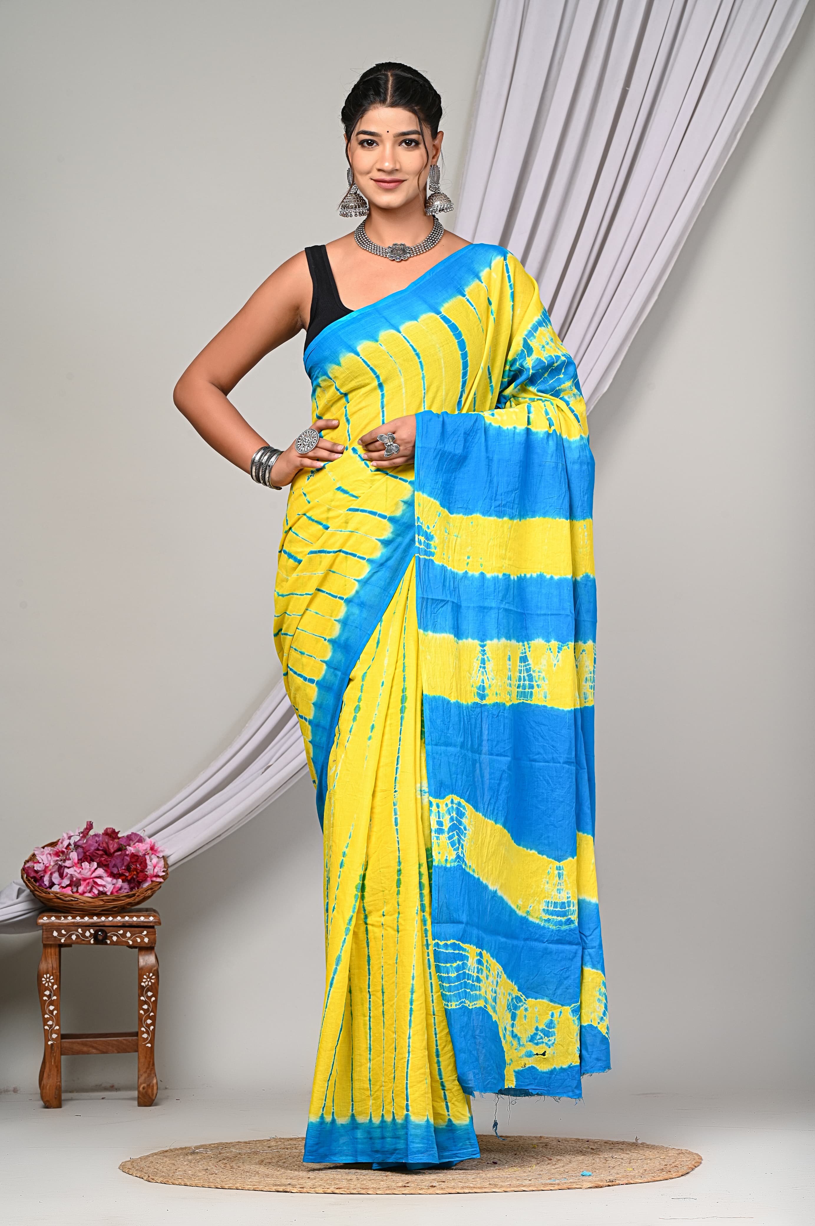 Shibori / Tye-dye Cotton Saree With Blouse Piece - BFSGC73