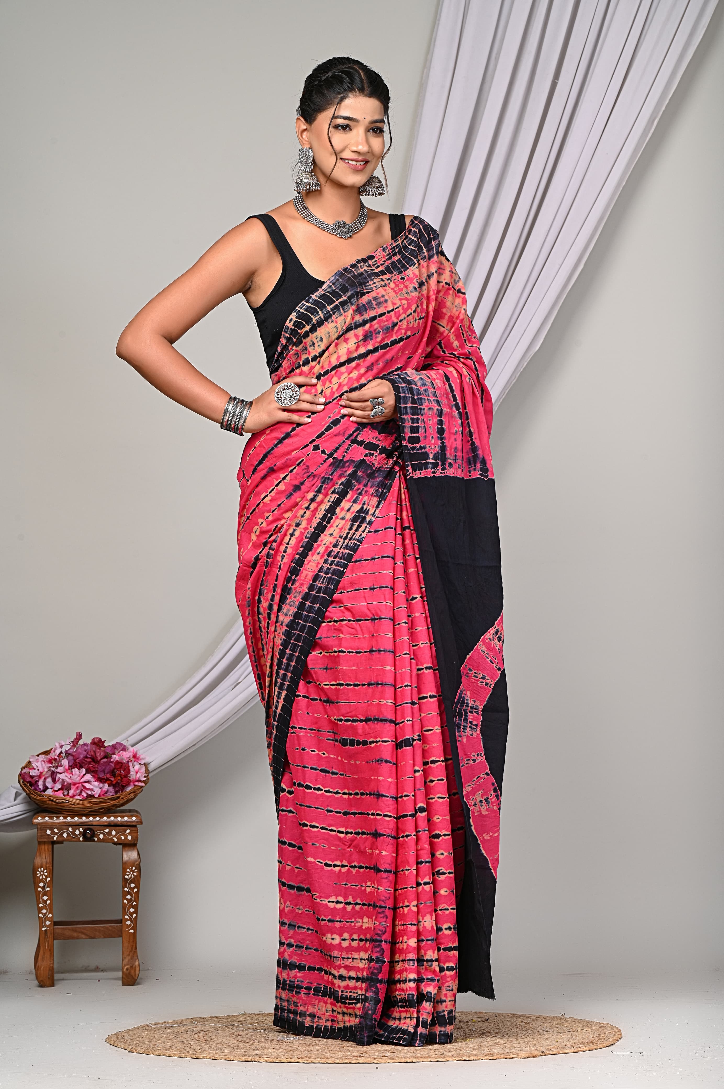 Shibori / Tye-dye Cotton Saree With Blouse Piece - BFSGC74
