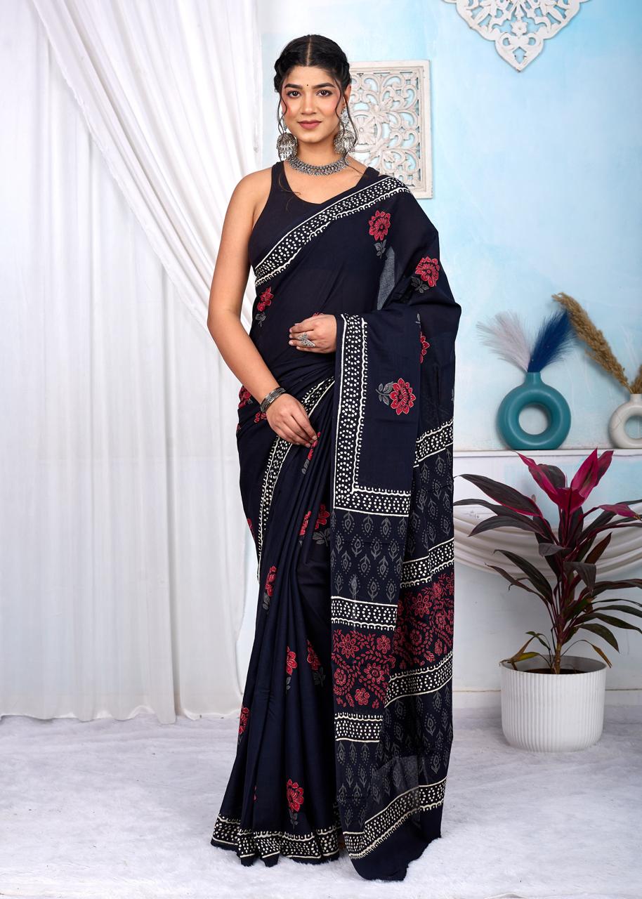 Black & White Bagru Cotton Hand Block Printed Saree With Blouse Piece - BFSGCA10