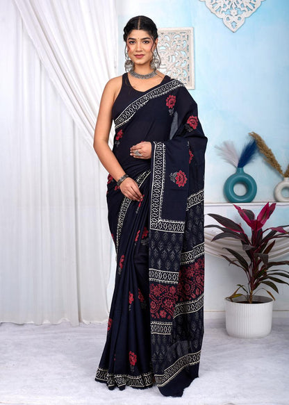 Black & White Bagru Cotton Hand Block Printed Saree With Blouse Piece - BFSGCA10