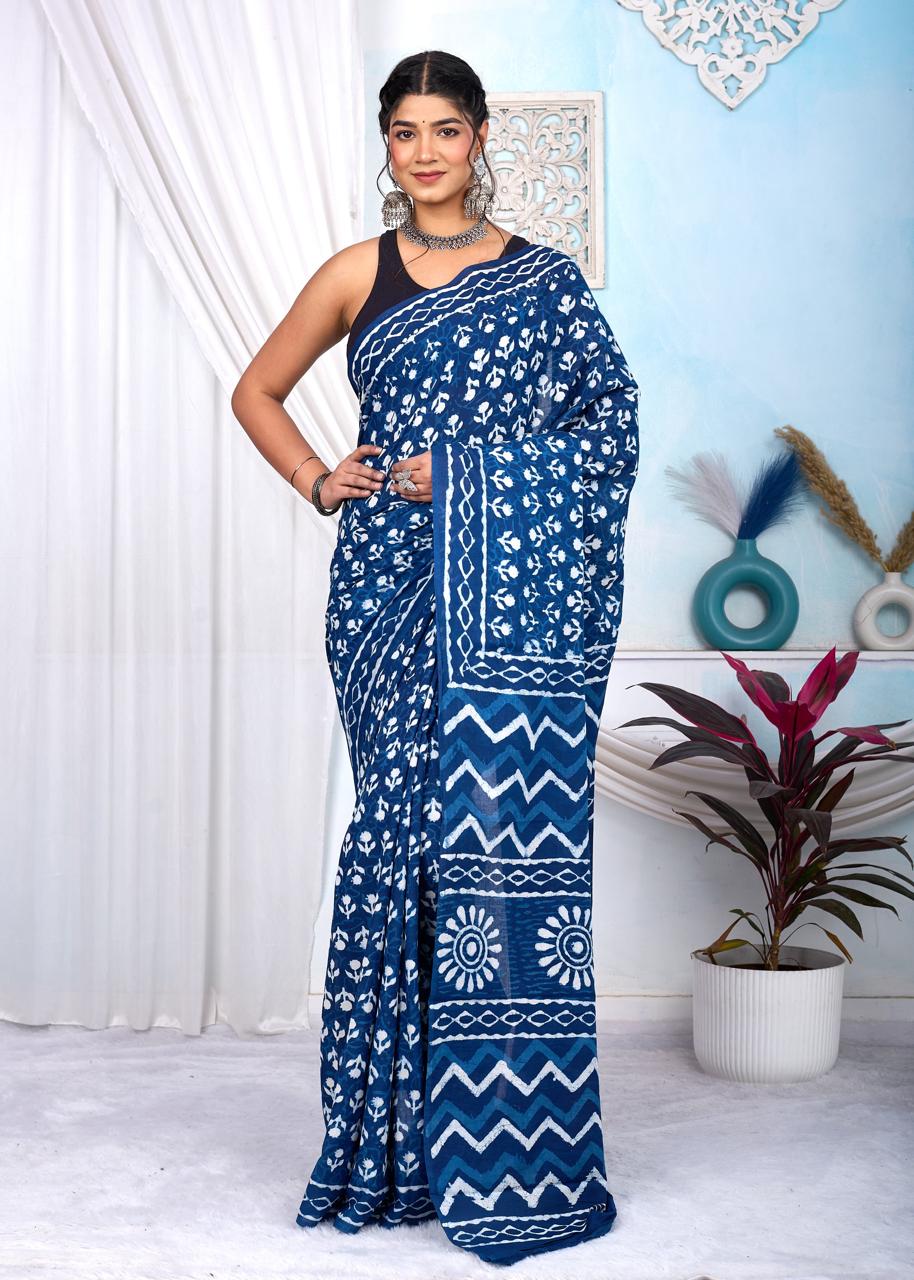 Indigo Dabu Cotton Hand Block Printed Saree With Blouse Piece - BFSGCA1