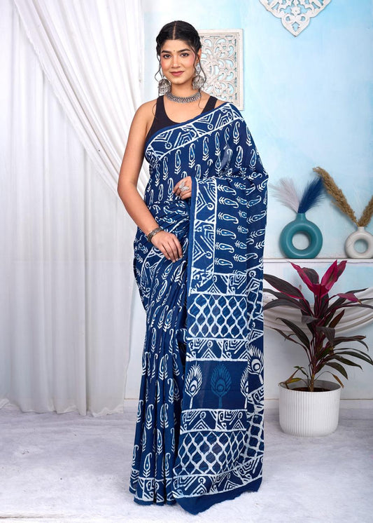 Indigo Dabu Cotton Hand Block Printed Saree With Blouse Piece - BFSGCA2