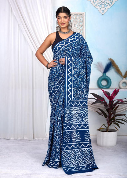 Indigo Dabu Cotton Hand Block Printed Saree With Blouse Piece - BFSGCA3