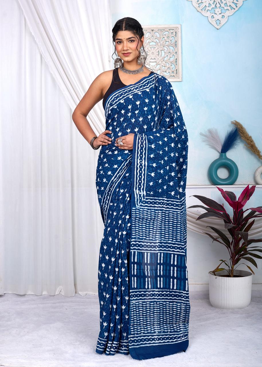 Indigo Dabu Cotton Hand Block Printed Saree With Blouse Piece - BFSGCA4