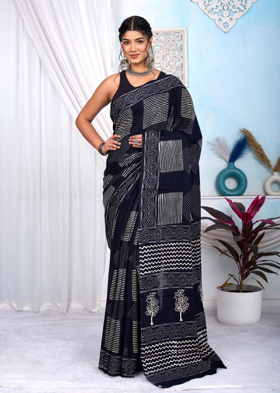 Black & White Bagru Cotton Hand Block Printed Saree With Blouse Piece - BFSGCA5