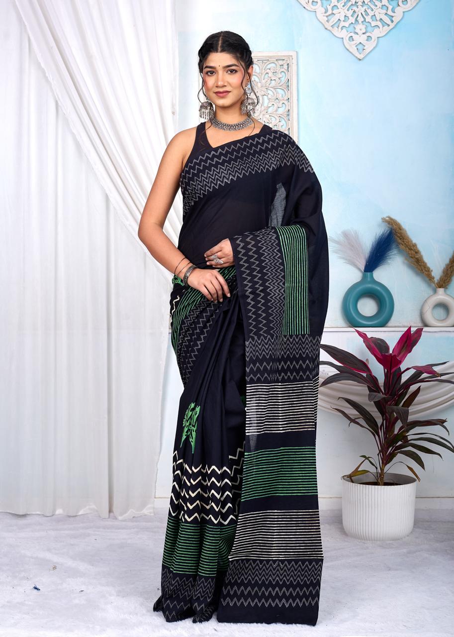 Black & White Bagru Cotton Hand Block Printed Saree With Blouse Piece - BFSGCA6