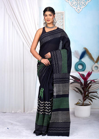 Black & White Bagru Cotton Hand Block Printed Saree With Blouse Piece - BFSGCA6