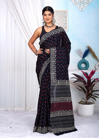 Black & White Bagru Cotton Hand Block Printed Saree With Blouse Piece - BFSGCA7