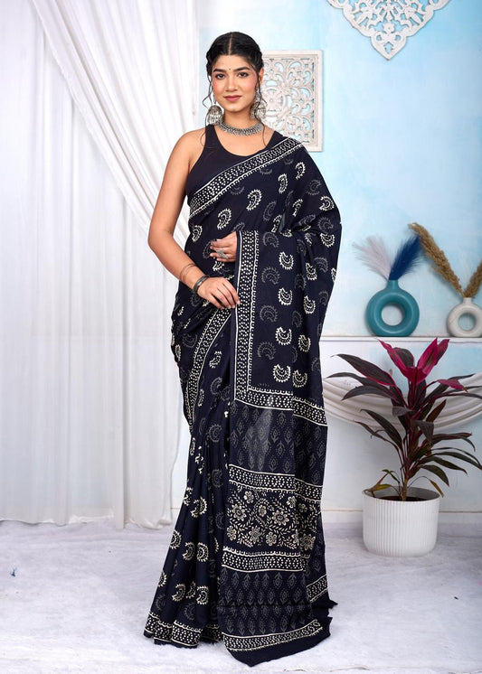 Black & White Bagru Cotton Hand Block Printed Saree With Blouse Piece - BFSGCA8