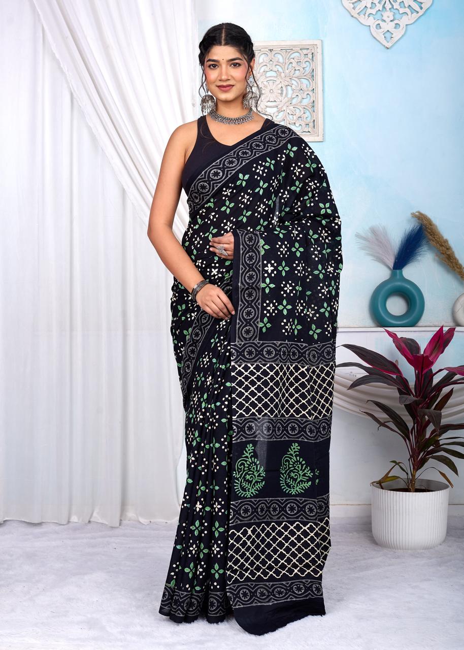 Black & White Bagru Cotton Hand Block Printed Saree With Blouse Piece - BFSGCA9