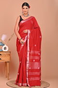 Red & White Buti Print Bagru Hand Block Printed Linen Cotton Saree With Blouse Piece
