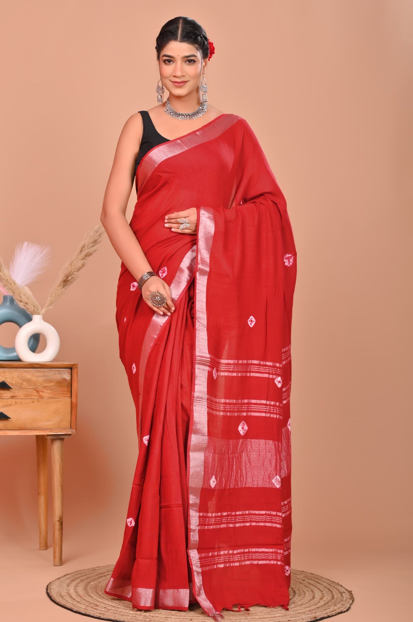 Bagru Hand Block Printed Saree In Linen Cotton With Blouse Piece - BFSGLC10