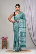 Teal Green & White Leaf Motif Bagru Hand Block Printed Linen Cotton Saree With Blouse Piece