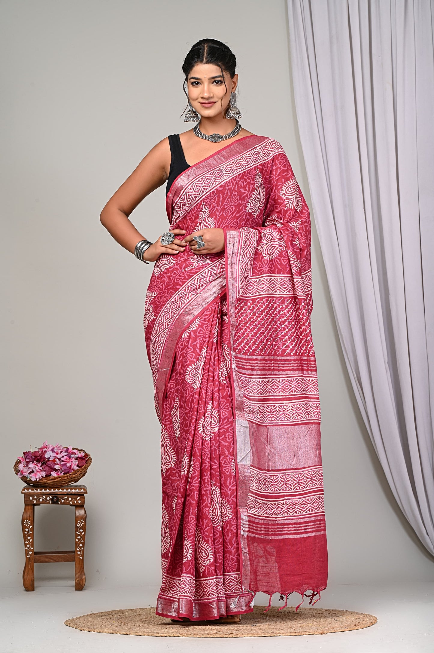 Bagru Hand Block Printed Saree In Linen Cotton With Blouse Piece - BFSGLC12