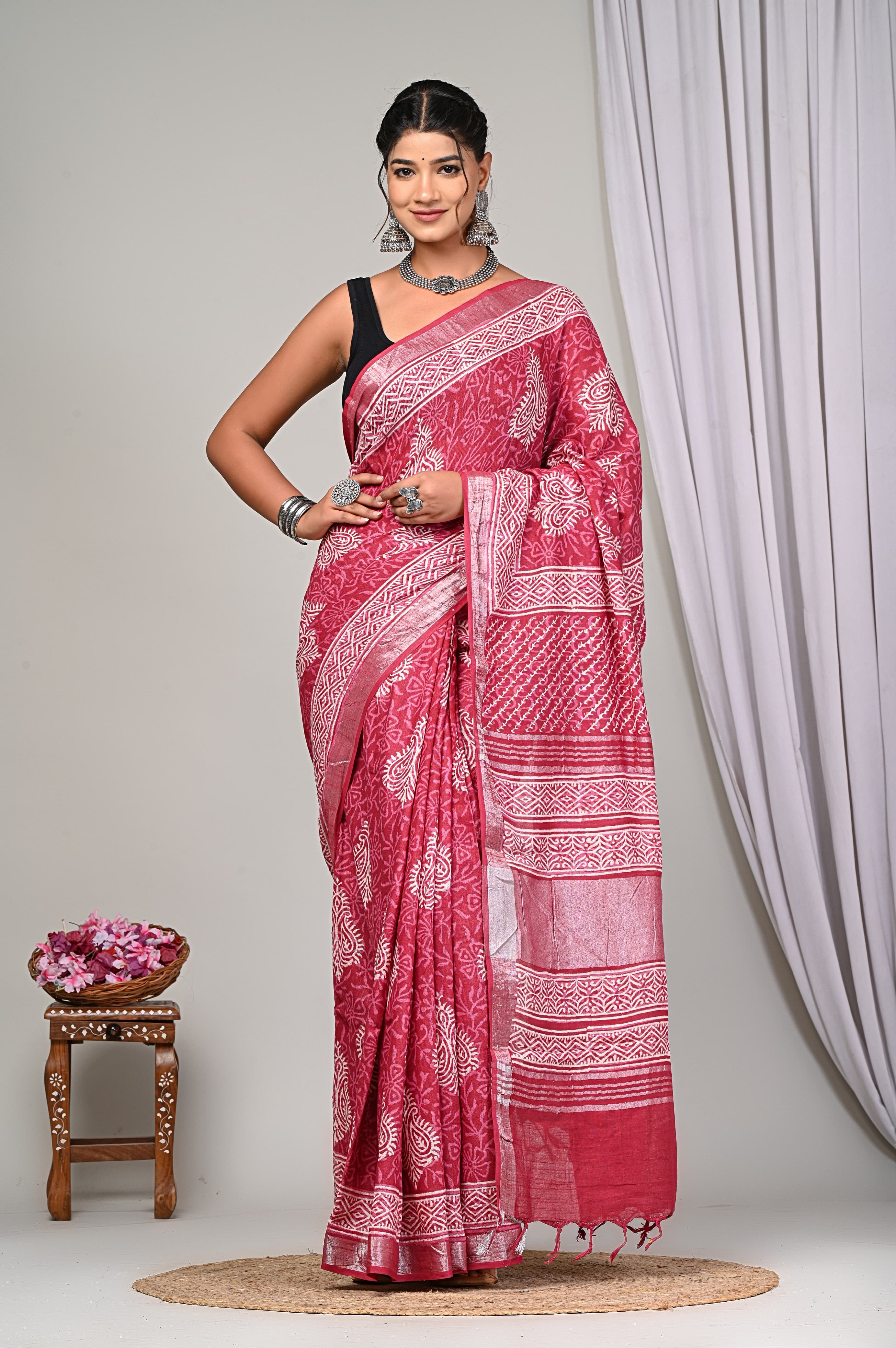 Bagru Hand Block Printed Saree In Linen Cotton With Blouse Piece - BFSGLC12