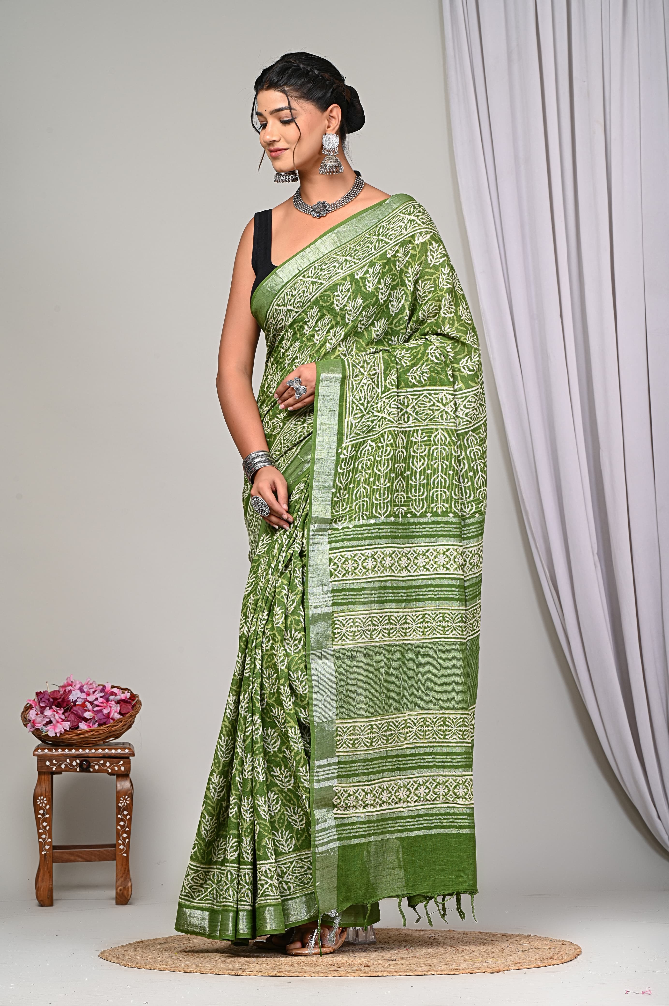 Bagru Hand Block Printed Saree In Linen Cotton With Blouse Piece - BFSGLC13