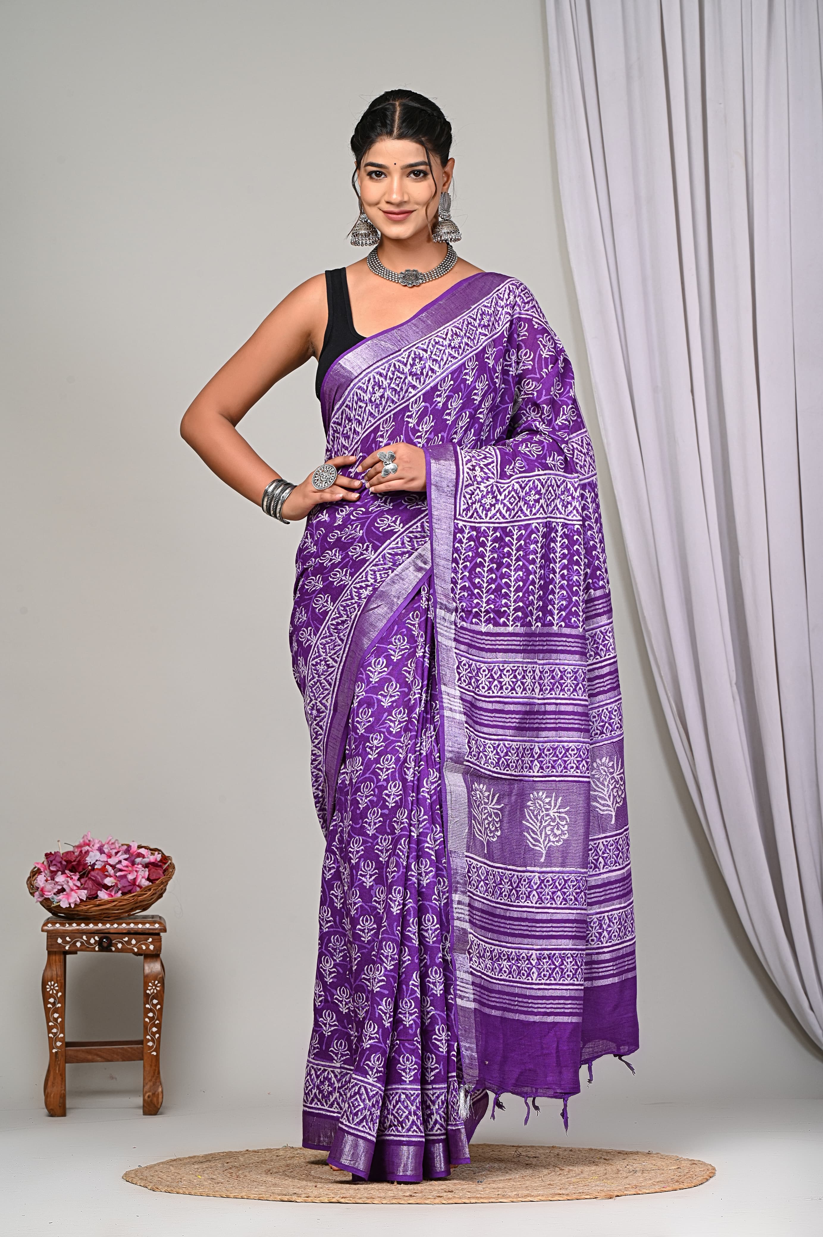 Bagru Hand Block Printed Saree In Linen Cotton With Blouse Piece - BFSGLC14