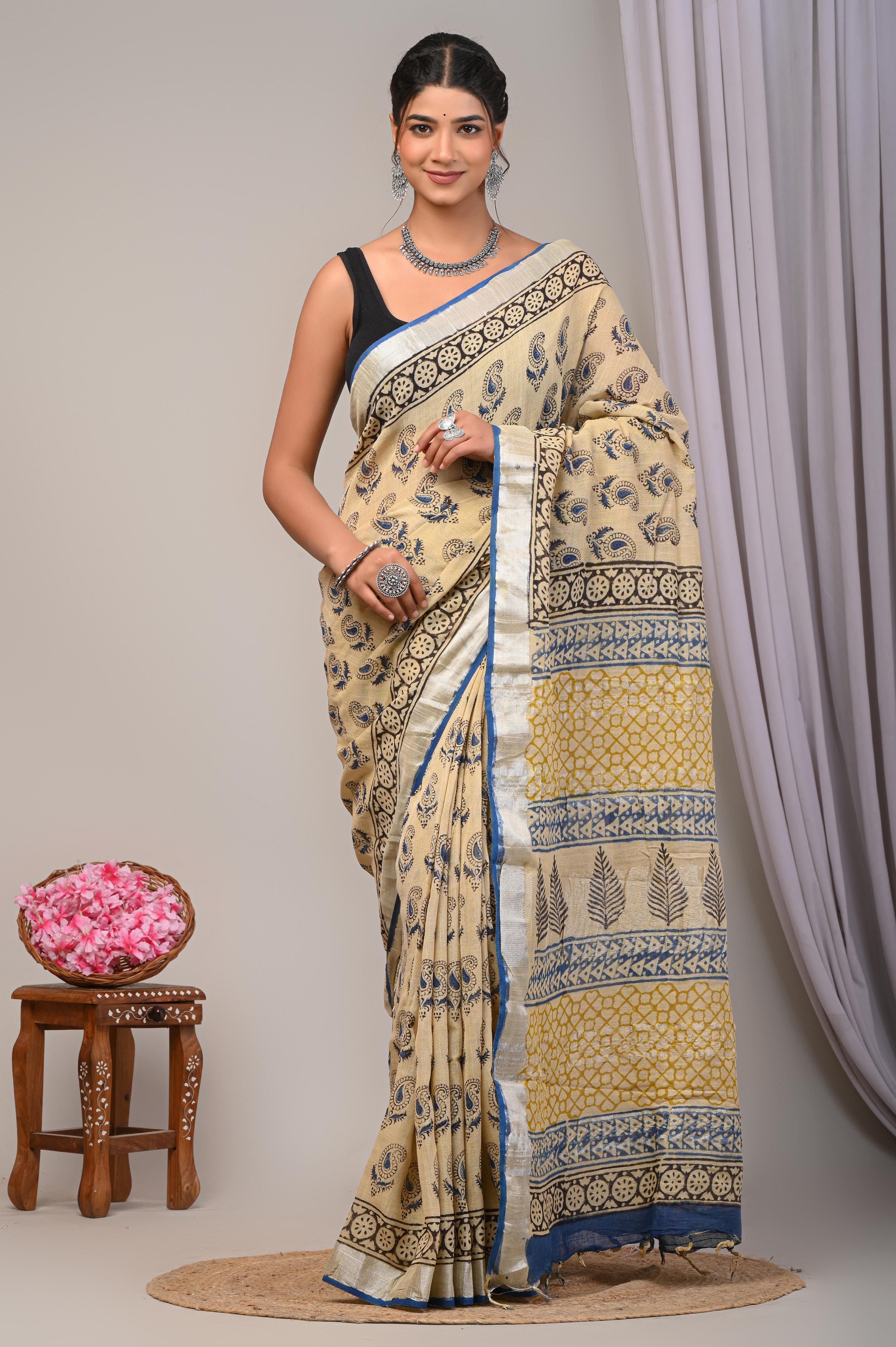 Bagru Hand Block Printed Saree In Linen Cotton With Blouse Piece - BFSGLC15