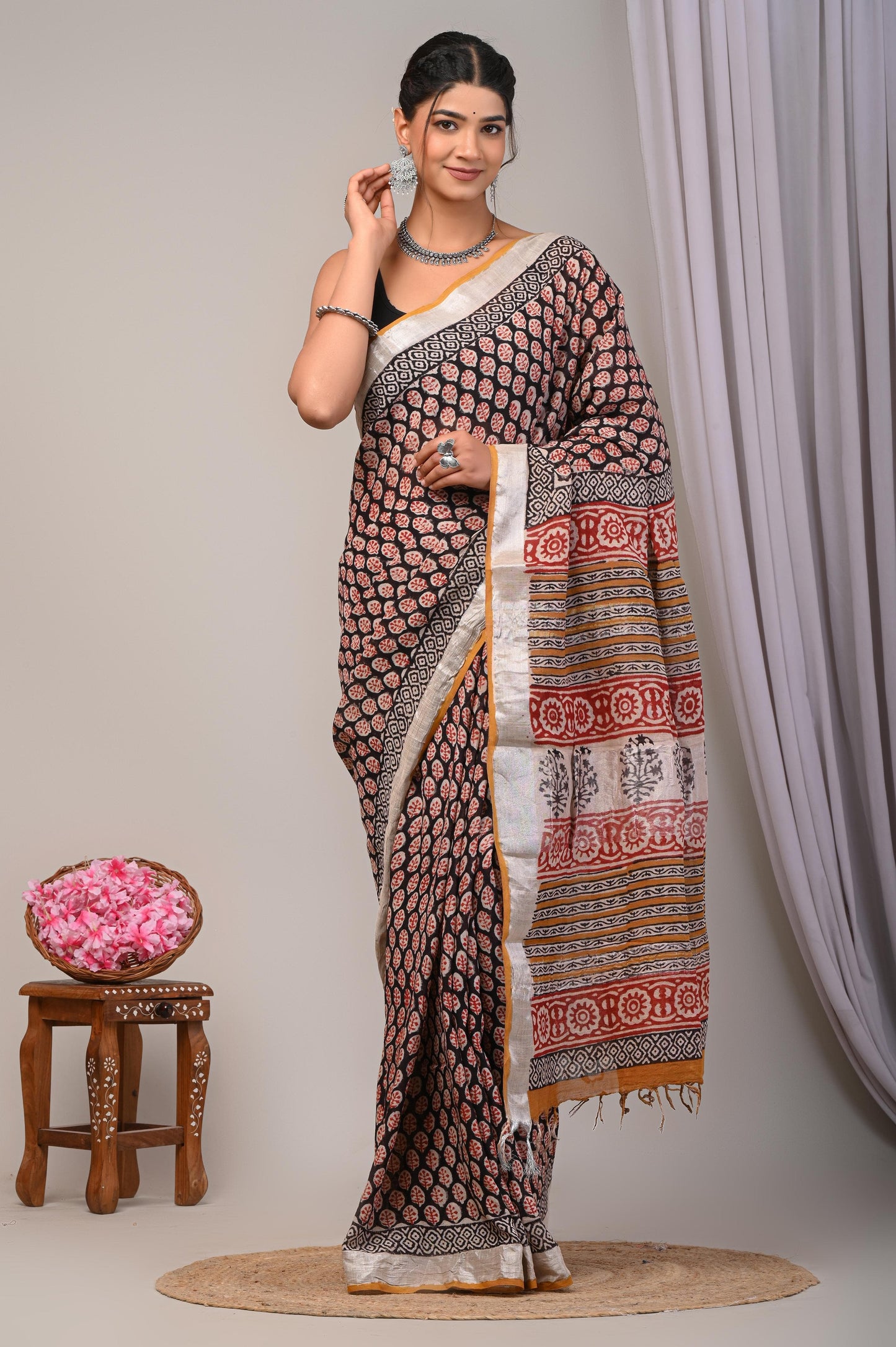 Bagru Hand Block Printed Saree In Linen Cotton With Blouse Piece - BFSGLC16