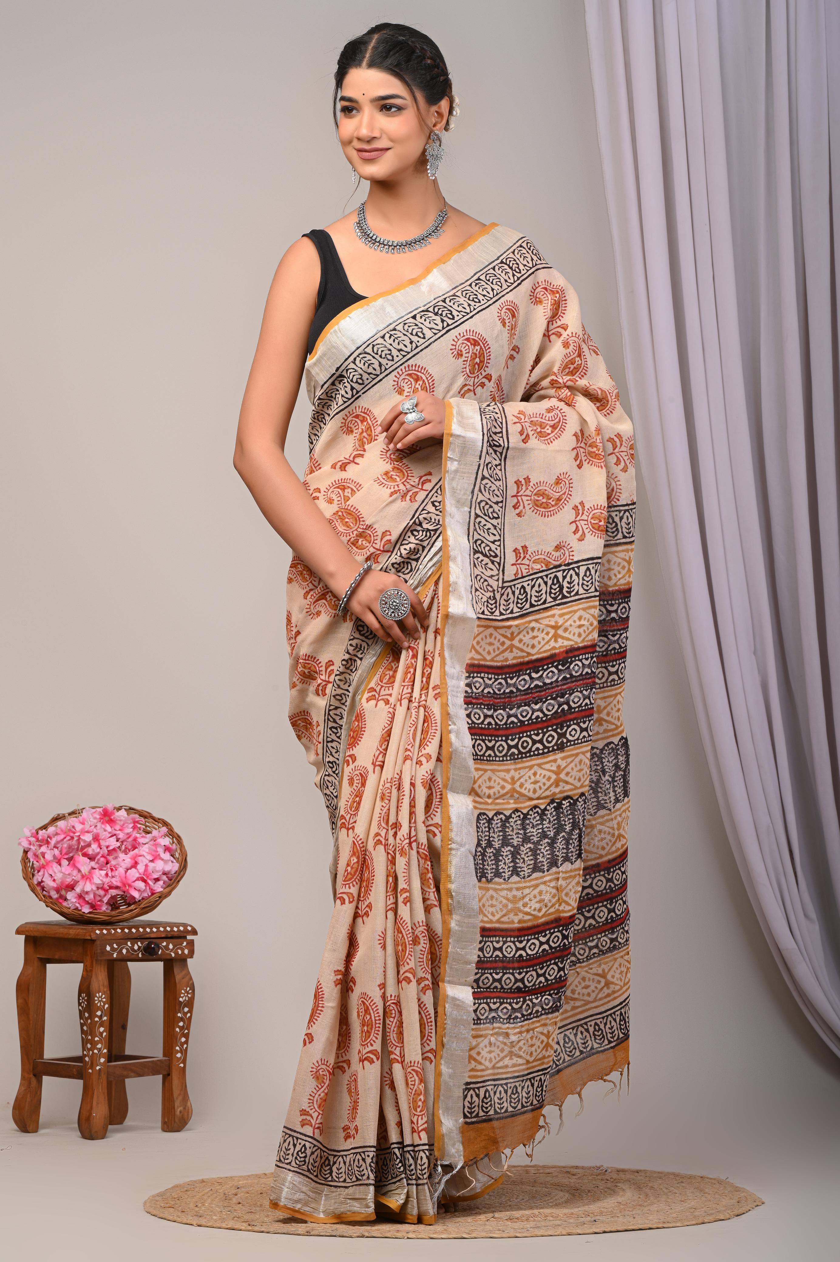 Bagru Hand Block Printed Saree In Linen Cotton With Blouse Piece - BFSGLC17