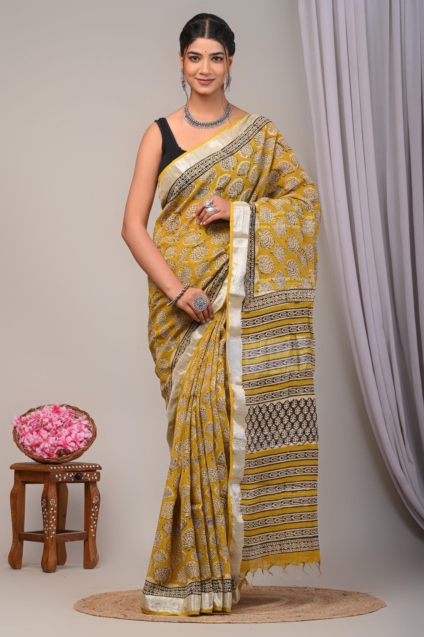 Bagru Hand Block Printed Saree In Linen Cotton With Blouse Piece - BFSGLC18