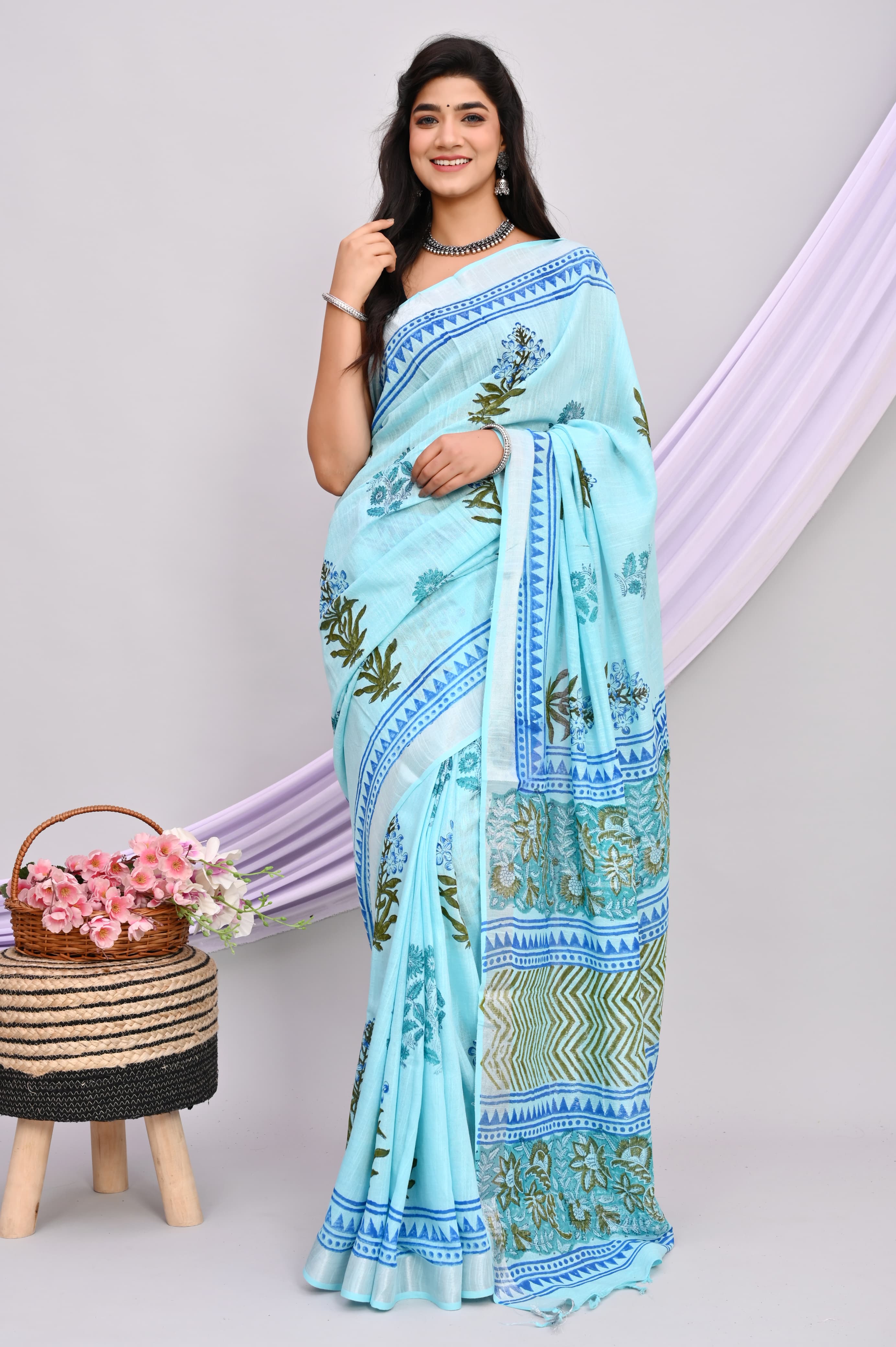 Bagru Hand Block Printed Saree In Linen Cotton With Blouse Piece - BFSGLC19