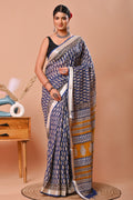 Indigo Blue & Mustard Yellow Paisley Motifs Bagru Hand Block Printed Linen Cotton Saree With Blouse Piece