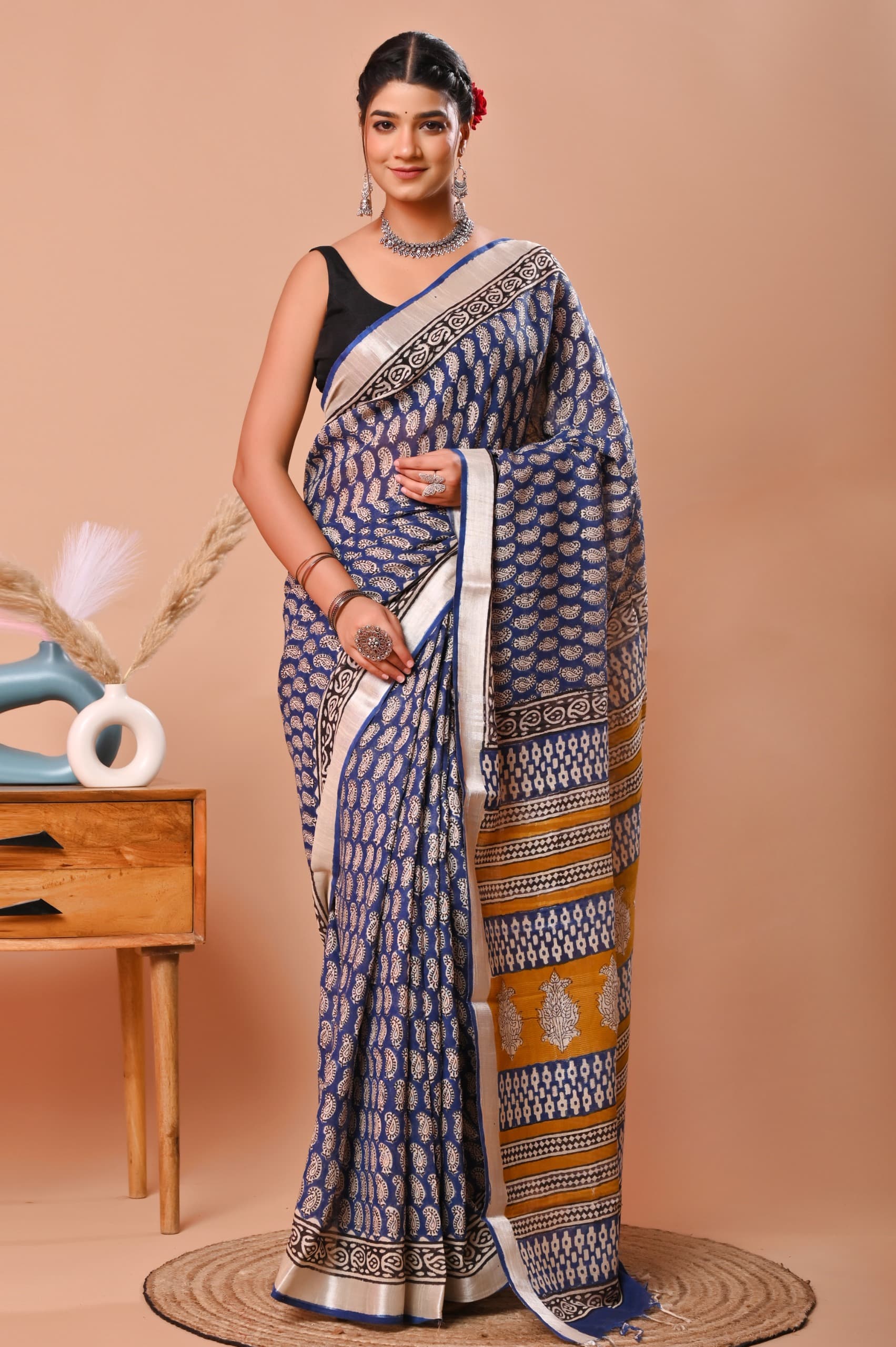 Bagru Hand Block Printed Saree In Linen Cotton With Blouse Piece - BFSGLC1