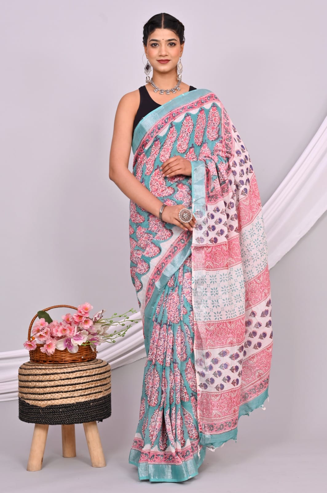 Bagru Hand Block Printed Saree In Linen Cotton With Blouse Piece - BFSGLC20