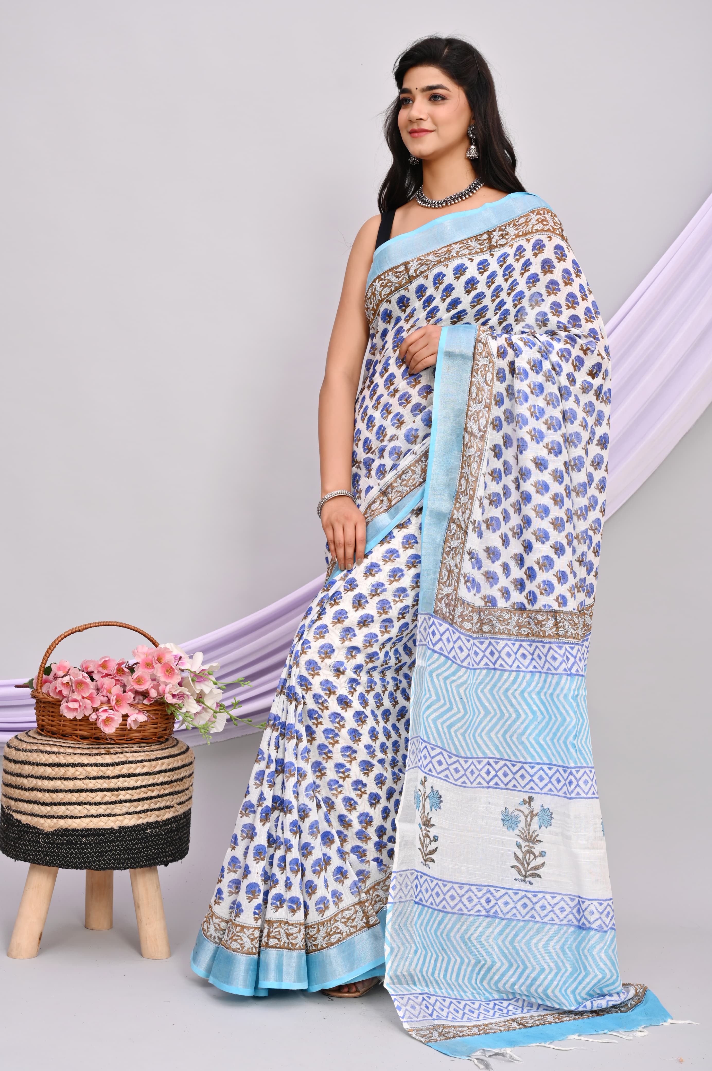 Bagru Hand Block Printed Saree In Linen Cotton With Blouse Piece - BFSGLC21