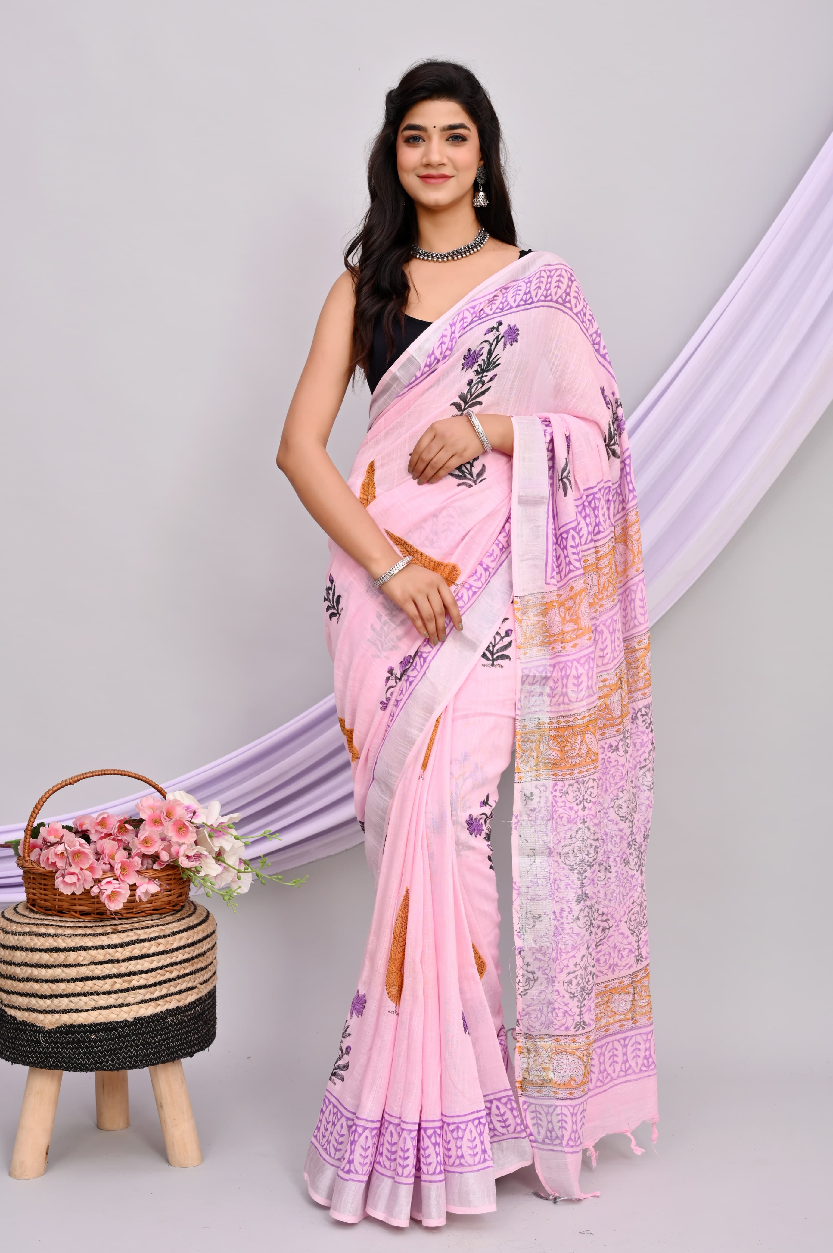 Bagru Hand Block Printed Saree In Linen Cotton With Blouse Piece - BFSGLC22