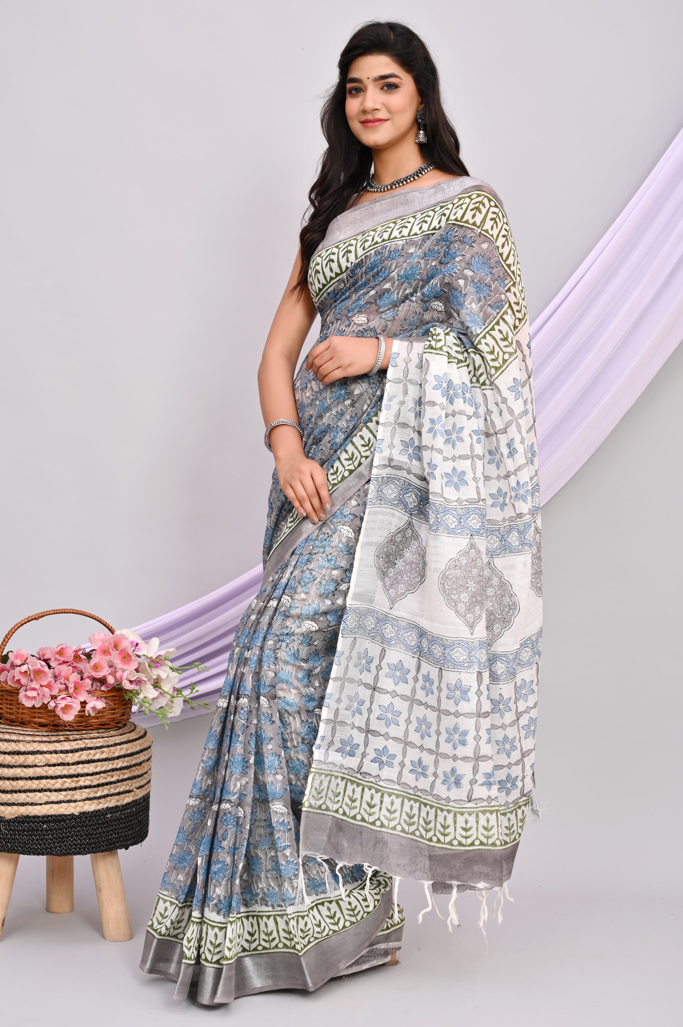 Bagru Hand Block Printed Saree In Linen Cotton With Blouse Piece - BFSGLC23