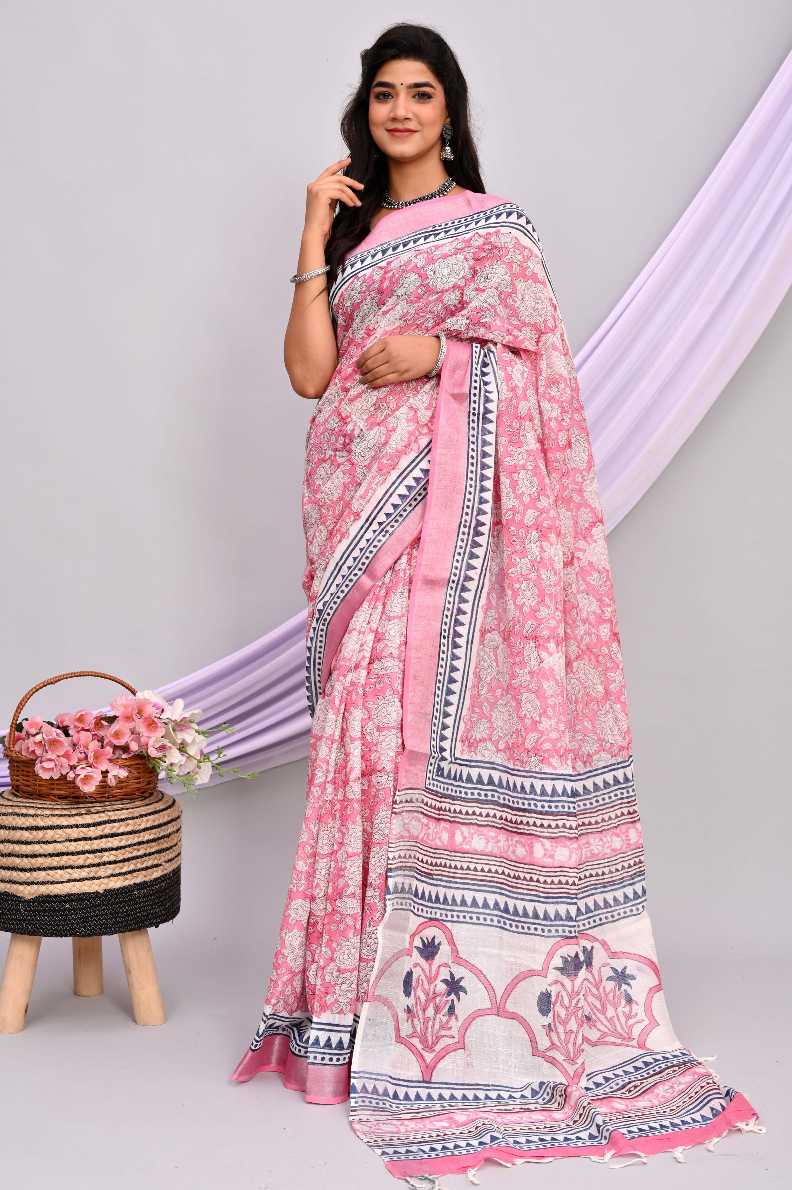 Bagru Hand Block Printed Saree In Linen Cotton With Blouse Piece - BFSGLC24