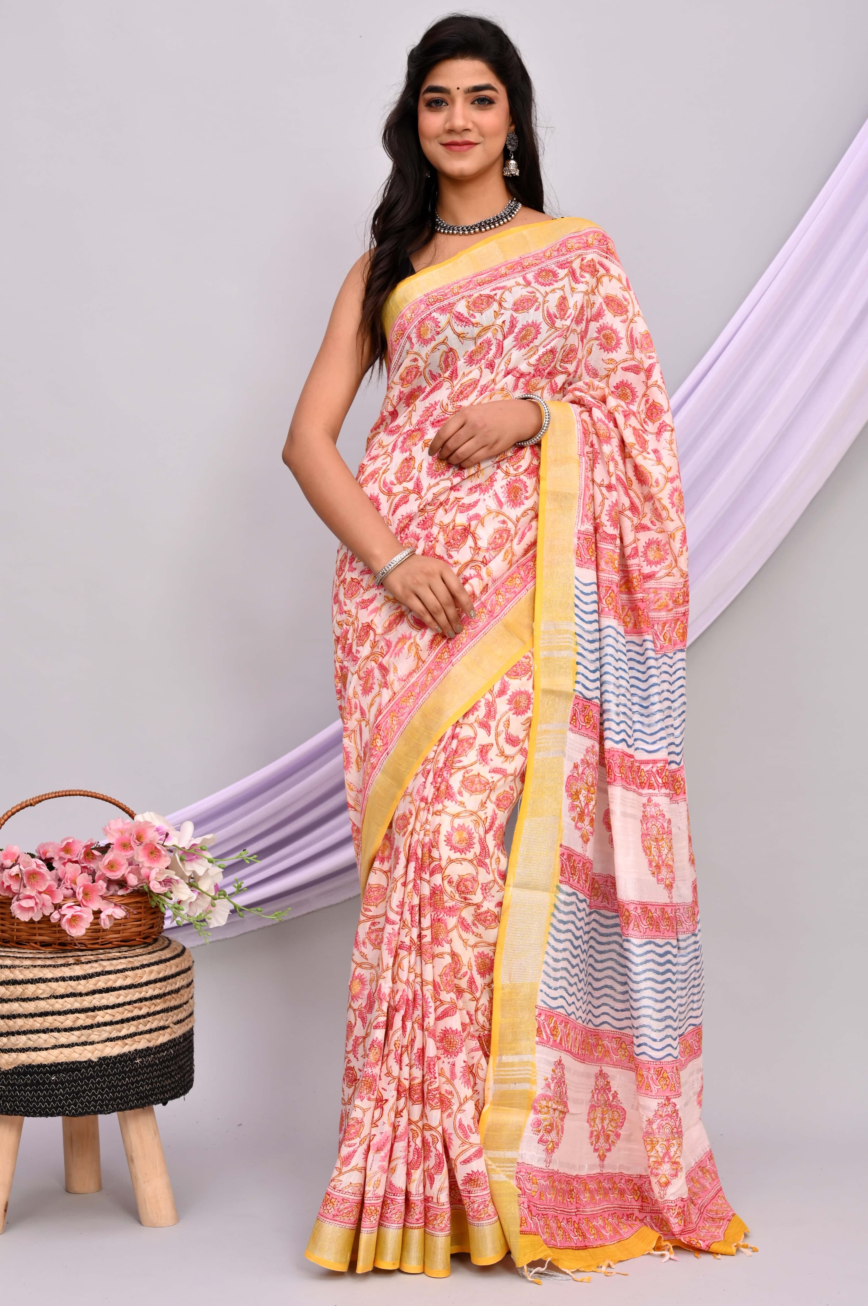 Bagru Hand Block Printed Saree In Linen Cotton With Blouse Piece - BFSGLC25