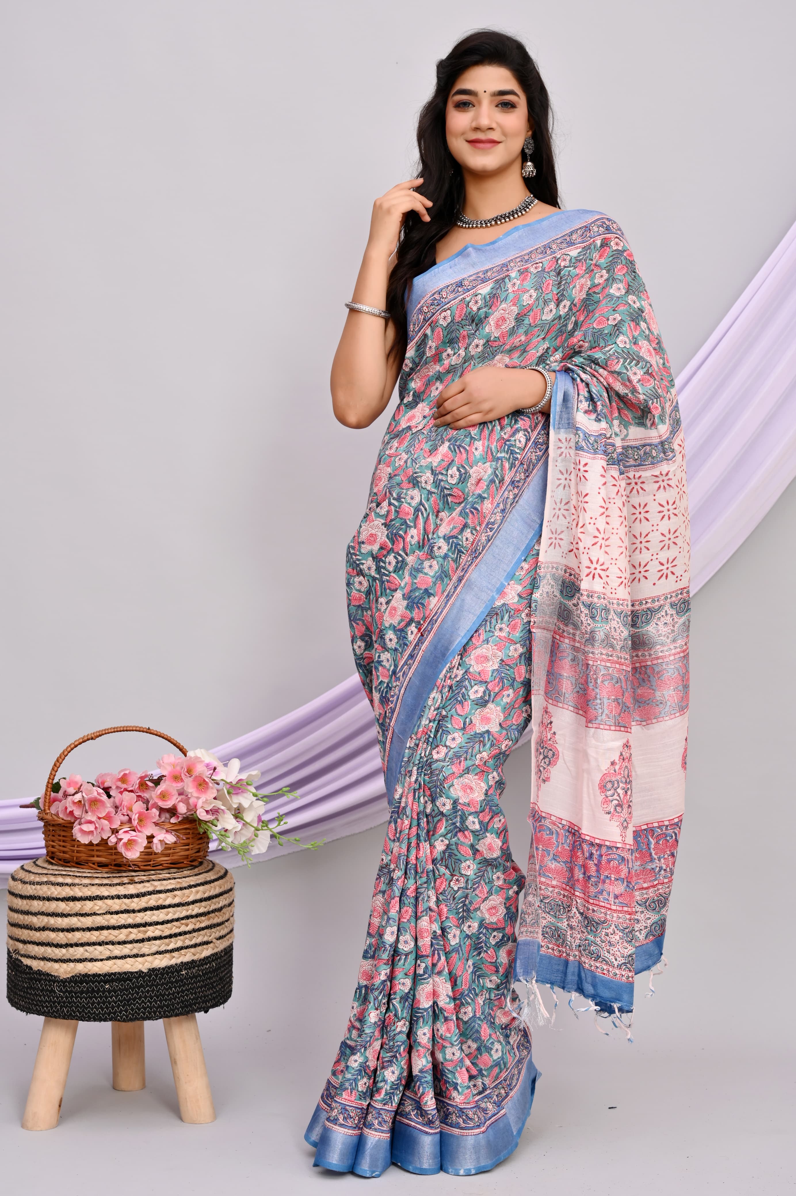 Bagru Hand Block Printed Saree In Linen Cotton With Blouse Piece - BFSGLC26