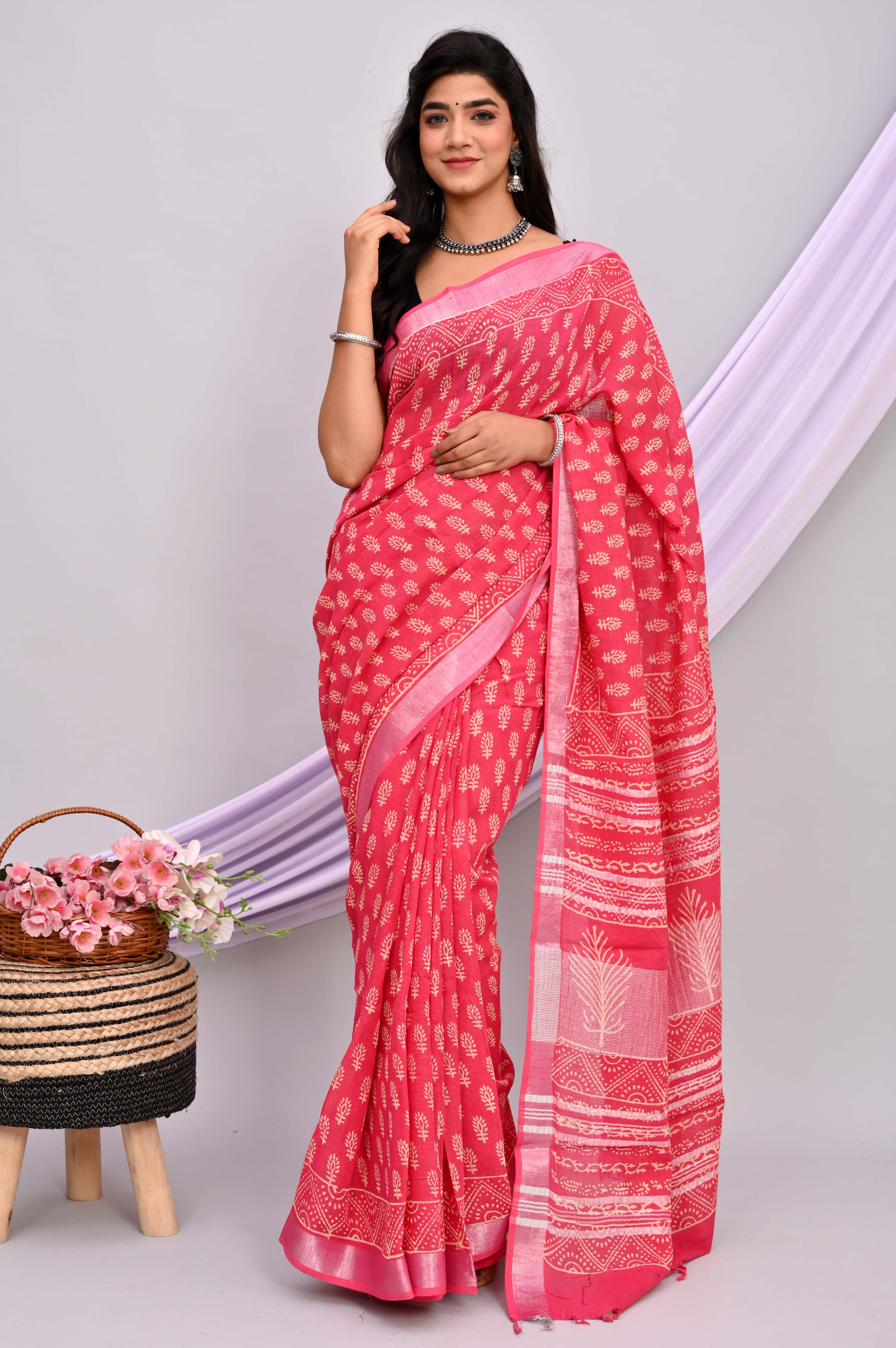 Bagru Hand Block Printed Saree In Linen Cotton With Blouse Piece - BFSGLC29