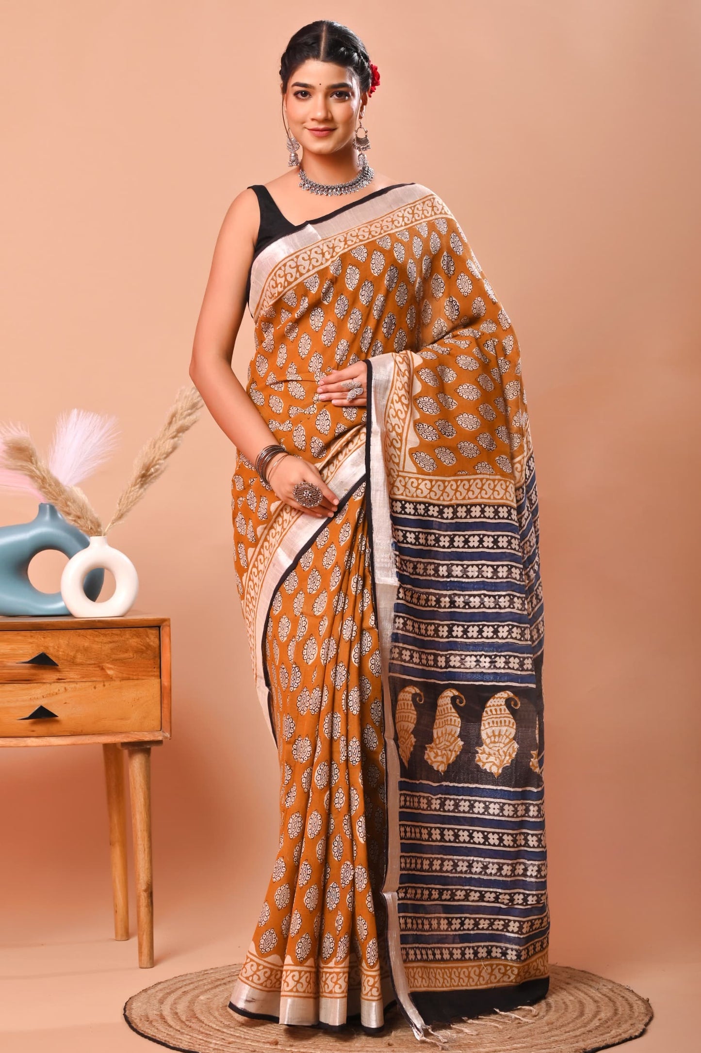 Bagru Hand Block Printed Saree In Linen Cotton With Blouse Piece - BFSGLC2